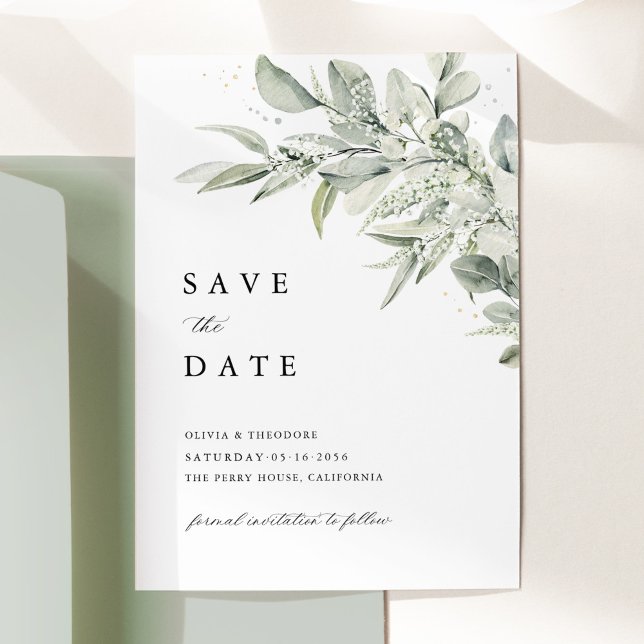 Save The Date Sage Green Botanical Watercolor Elegant Wedding (Sage green botanical wedding save the date card, watercolor leaves, minimalist elegant stationery)
