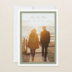 Save The Date Sage Green Calligraphy White Frame Photo classique
