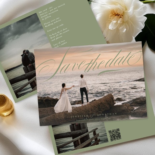 Save The Date Sage Green Classic Elegant QR Code Mariage photo (Créateur téléchargé)