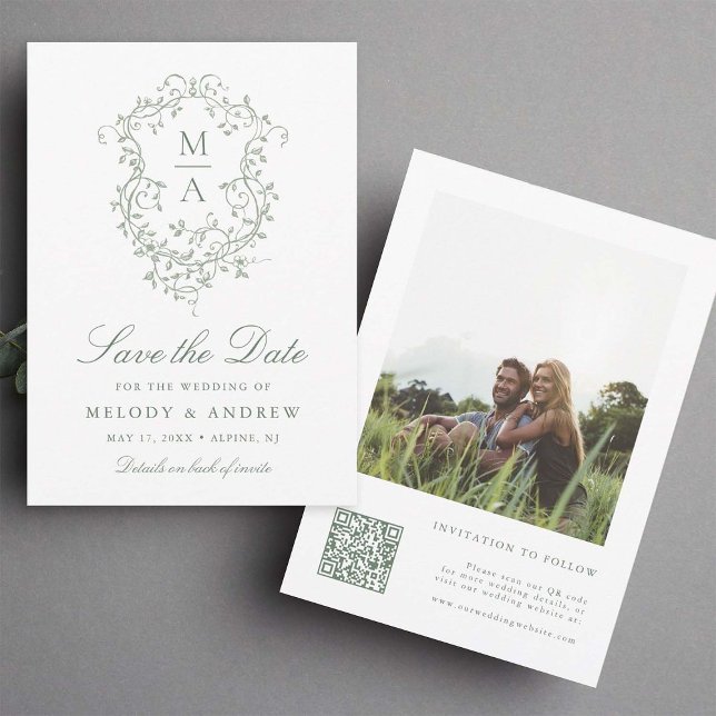 Save The Date Sage Green Classy Français Floral Crest (Front & Back)