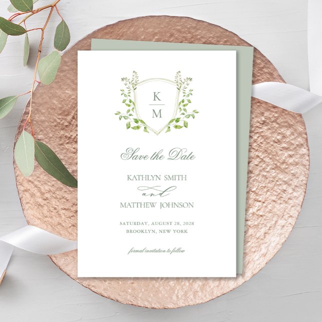 Save The Date Sage Green Crest Monogramme Mariage vert moderne (Créateur téléchargé)