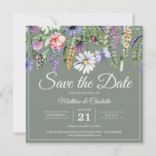Save The Date Sage Green Fleurs sauvages Boho (Devant)