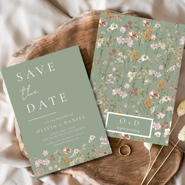 Save The Date Sage Green Fleurs sauvages Boho Enregistrer la dat (Créateur téléchargé)