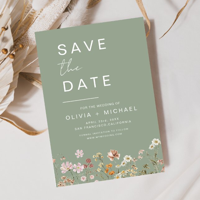 Save The Date Sage Green Fleurs sauvages Boho Enregistrer la dat (Créateur téléchargé)