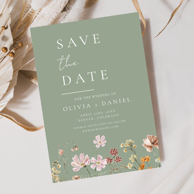 Save The Date Sage Green Fleurs sauvages Boho Enregistrer la dat (Créateur téléchargé)