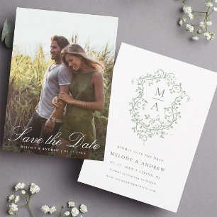 Save The Date Sage Green Floral Crest Mariage Photo