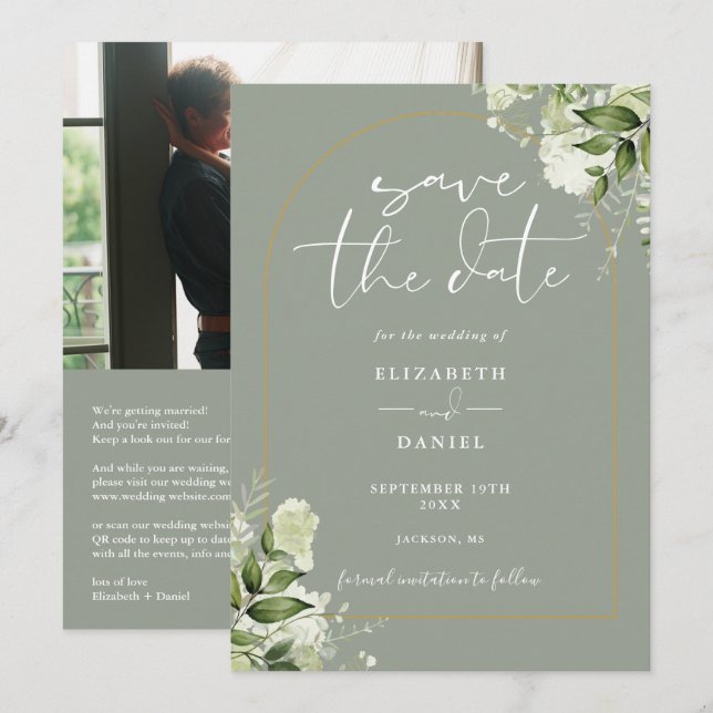 Save The Date Sage Green Foliage Gold Arch Photo QR Code Mariage (Devant / Derrière)