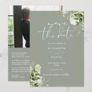 Save The Date Sage Green Foliage Gold Arch Photo QR Code Mariage
