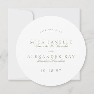Save The Date Sage Green Formal Classic Calligraphie Round Photo