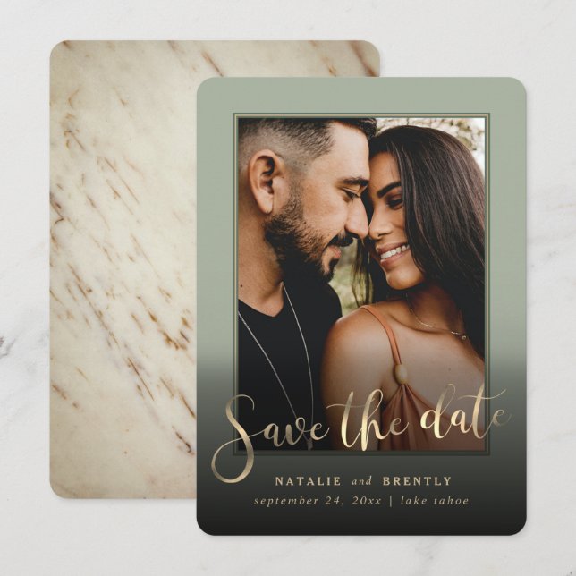 Save The Date Sage Green Gold Script & Marble Photo Overlay (Devant / Derrière)