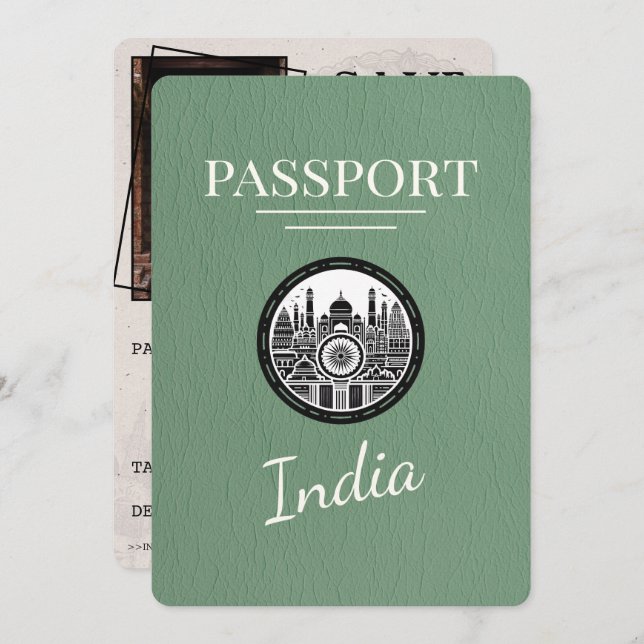 Save The Date Sage Green India Passeport Enregistrer La Date (Devant / Derrière)