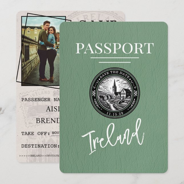 Save The Date Sage Green Ireland Passeport Enregistrer La Date (Devant / Derrière)