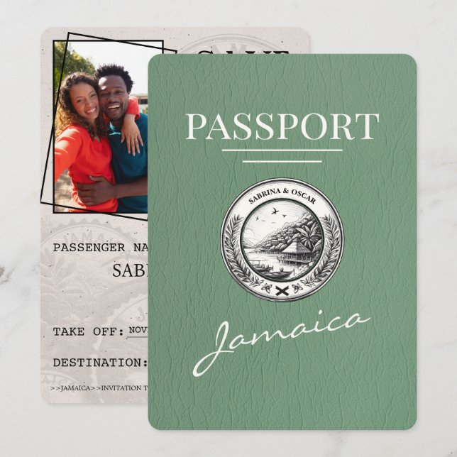 Save The Date Sage Green Jamaïque Passeport Enregistrer La Date (Devant / Derrière)