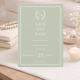 Save The Date Sage green monogram wreath wedding