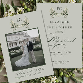 Save The Date Sage Green Olive Branch Monogram Photo Wedding
