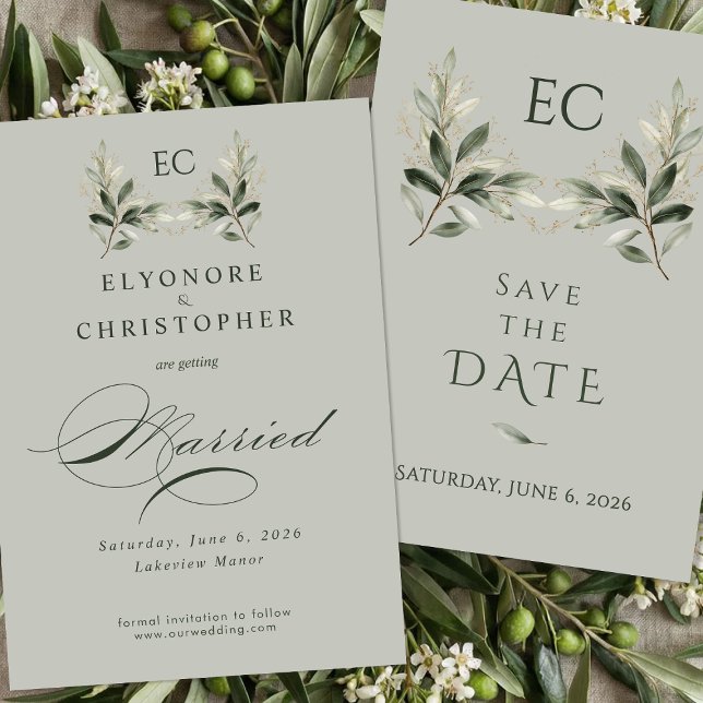 Save The Date Sage Green Olive Branch Monogram Wedding (Créateur téléchargé)