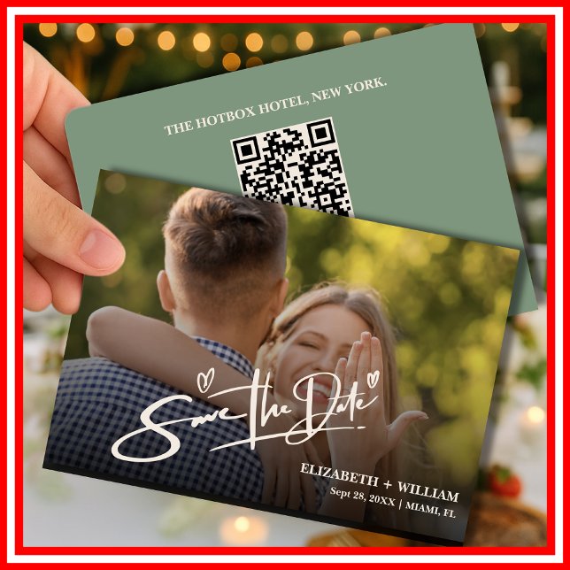 Save The Date Sage Green Photo QR Code Mariage élégant (Créateur téléchargé)