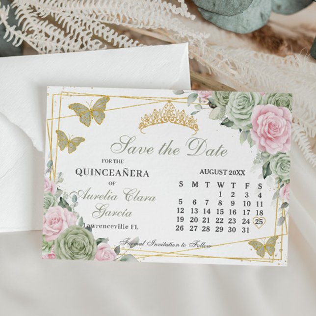 Save The Date Sage Green Rose Floral Quinceanera 16e Calendrier (sage green pink roses floral gold butterflies quinceanera sweet 16 calendar save the date cards)