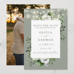 Save The Date Sage Green Rustic String Lumières Florale Photo
