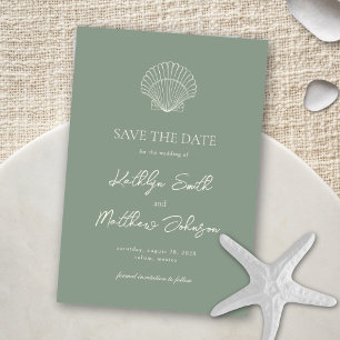 Save The Date Sage Green Shell Beach Ocean Destination Mariage