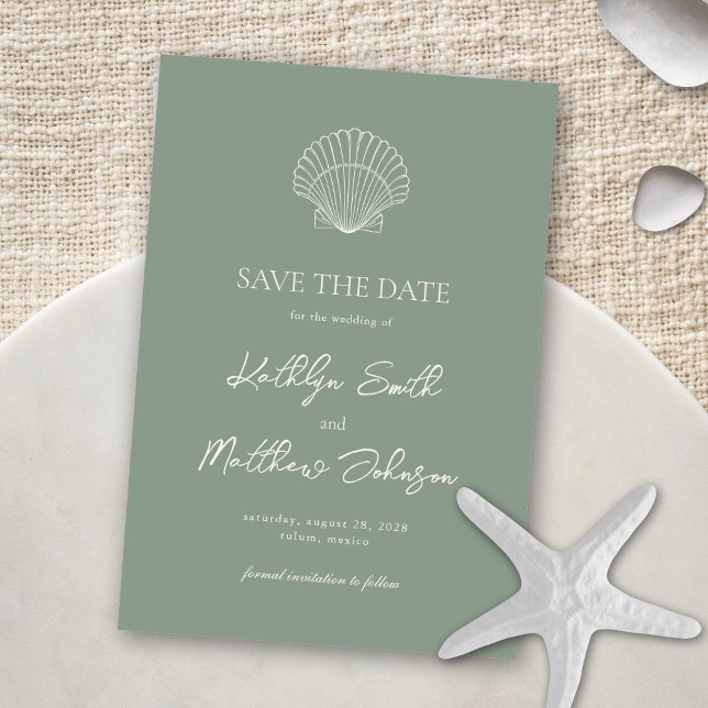 Save The Date Sage Green Shell Beach Ocean Destination Mariage (Créateur téléchargé)