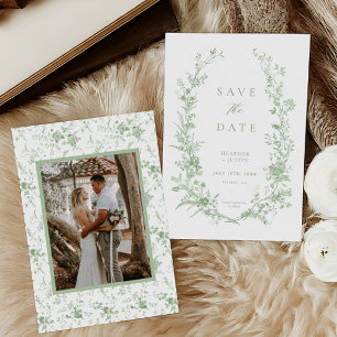 Save The Date Sage Green Toile Vintage Floral Photo Mariage