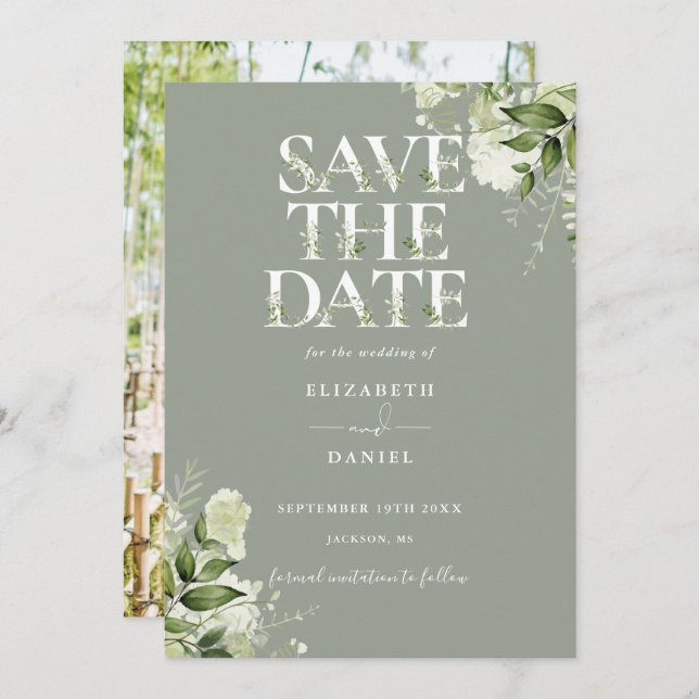 Save The Date Sage Green Typographie florale Mariage photo (Devant / Derrière)