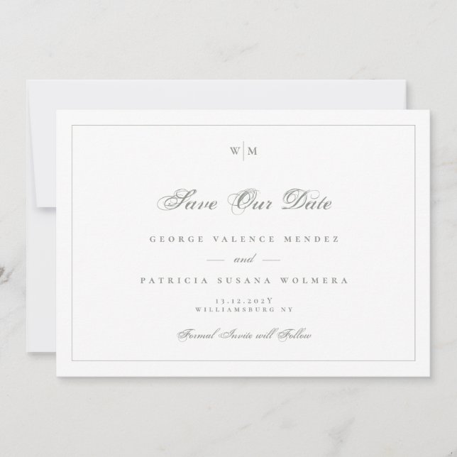 Save The Date Sage Gris Cadre Monogramme Mariage photo classique (Devant)