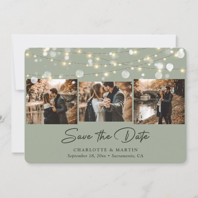 Save The Date Sage moderne Vert Mariage 3 Photo Enregistrer la d (Devant)