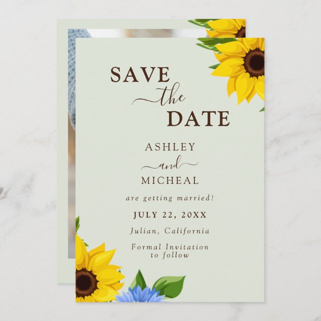 Save The Date Sage Sunflower Mariage Appartement Enregistrer la  (Devant / Derrière)