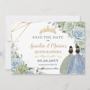Save The Date Sage Vert Bleu Floral Twins Quinceanera Sweet 16