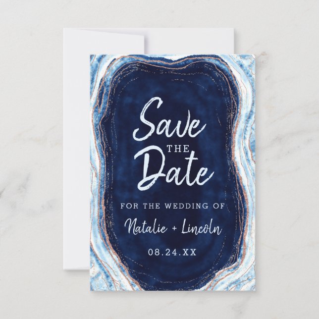 Save The Date Sapphire Blue Rose Gold Géode Agate Marbre Moderne (Devant)