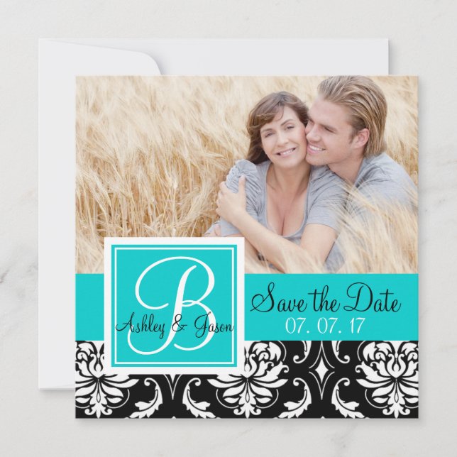 Save The Date Sauvegarder la date Black Damask Monogram Names sa (Devant)