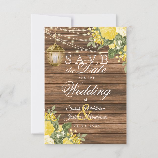 Save The Date Sauvegarder la date Bois, Lanternes et Fleur Jaune (Devant)