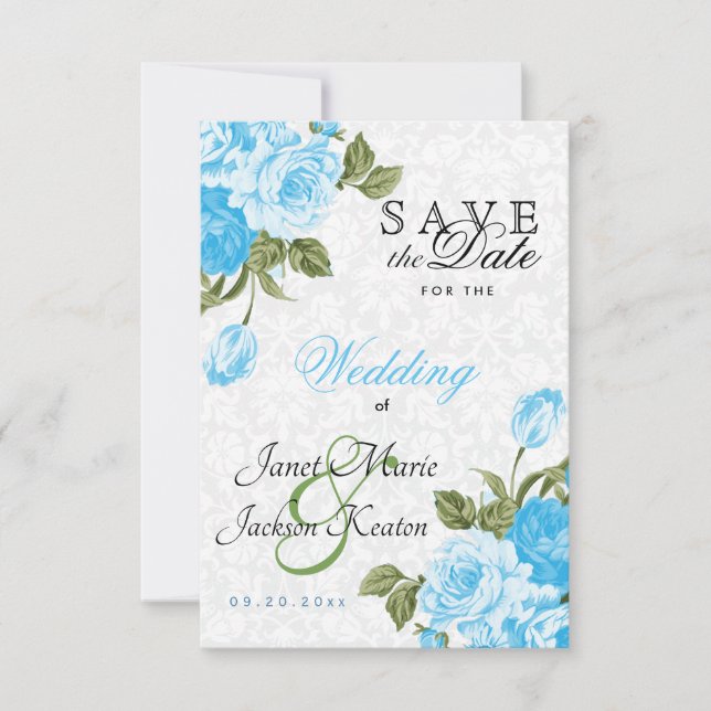 Save The Date Sauvegarder la Date Fleurs de Mariage Bébé Bleu Mi (Devant)