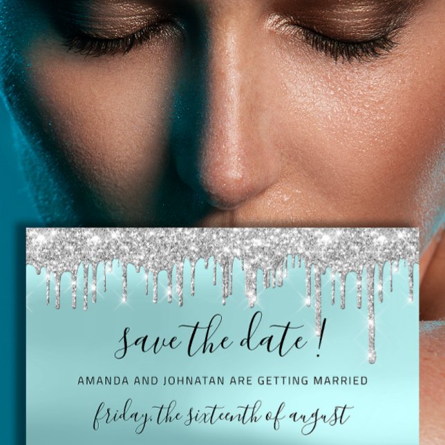 Save The Date Sauvegarder la date Gris argenté Gouttes d'étincel (Save The Date Silver Gray Blue Spark Drips Aqua)