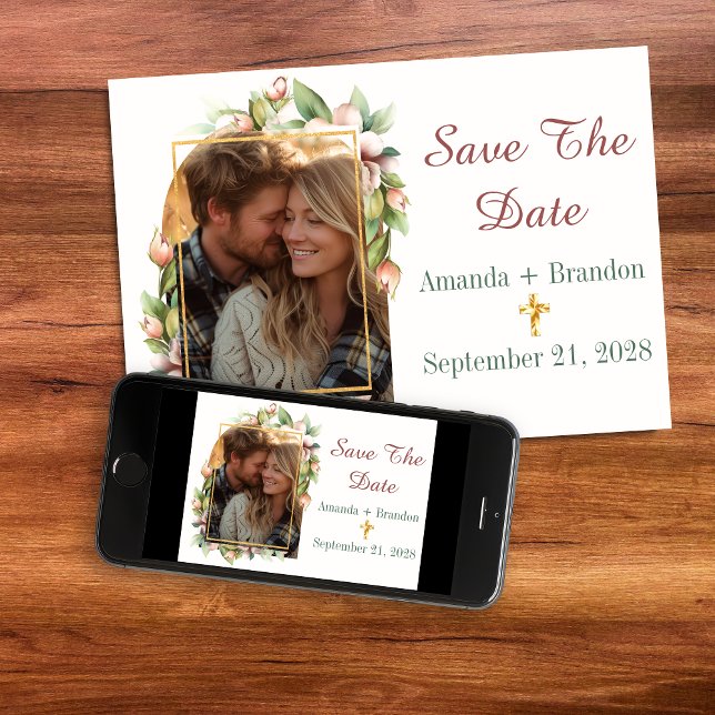 Save The Date Sauvegarder la date Photo de la croix chrétienne s (Save The Date Christian Cross Floral Arch Photo Card)