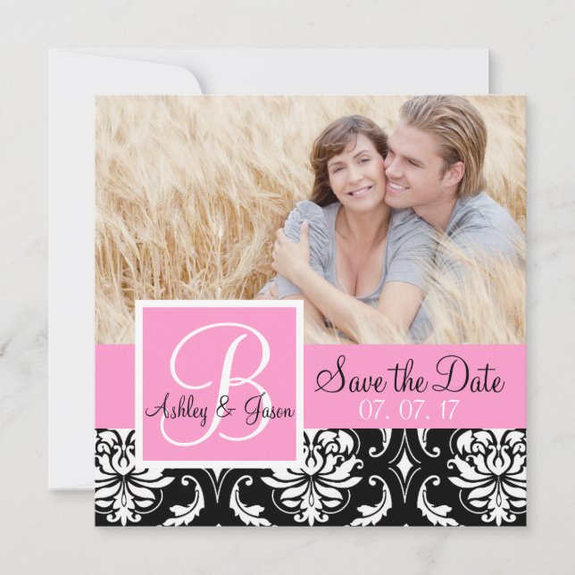 Save The Date Sauver la date Black Damask Monogramme Noms Rose (Devant)