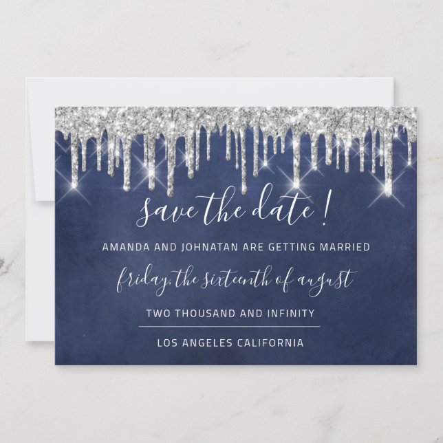 Save The Date Sauver la date Kraft argent gris goutte bleu marin (Devant)