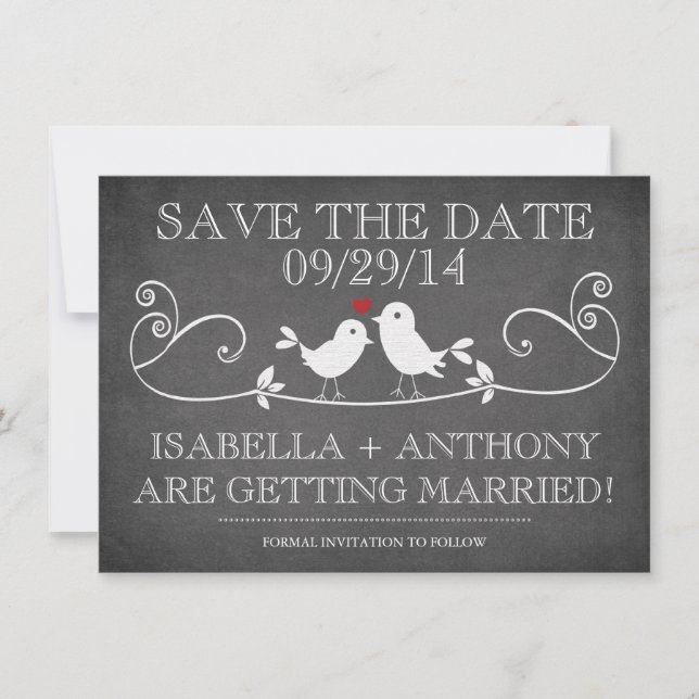 Save The Date SAUVER LA DATE Oiseaux de l'amour sur tableau noir (Devant)