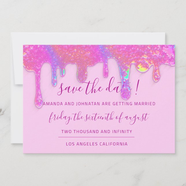 Save The Date Sauver la date rose holographique Pastel gouttes (Devant)