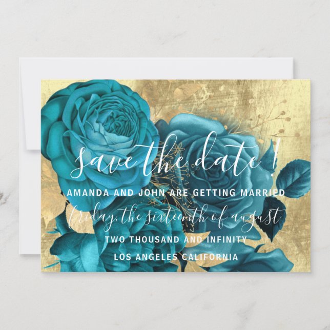 Save The Date Sauver la date Teal Blue Couronne Couronne Or (Devant)