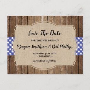Save The Date Sauvez le BBQ bleu de toile de jute de guingan de