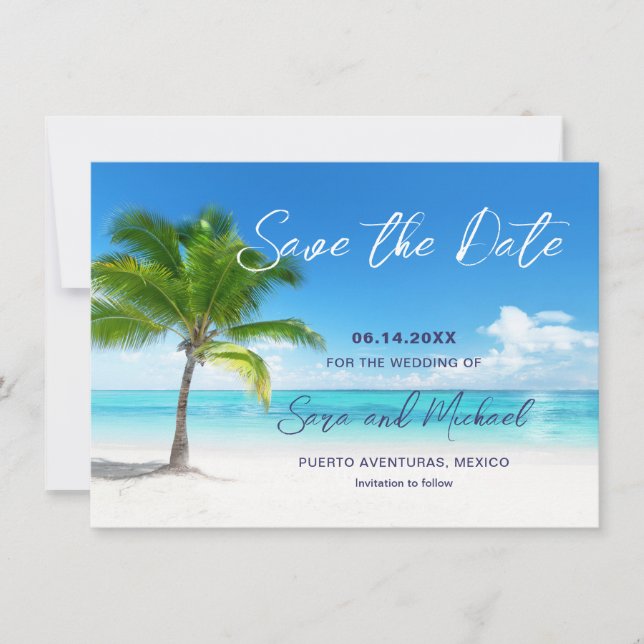 Save The Date Scène de plage avec mariage de palmiers Enregistre (Devant)