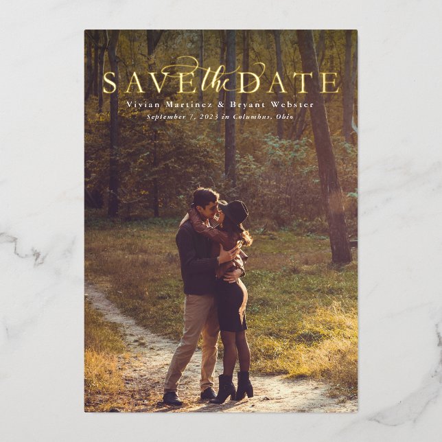 Save the Date schlichtes, elegantes vertikales Fot Folieneinladung (Vorderseite)
