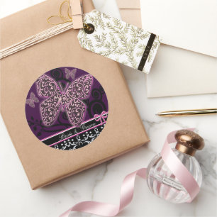 Save the Date Schmetterlinge Wirbel Pink Black & W Runder Aufkleber