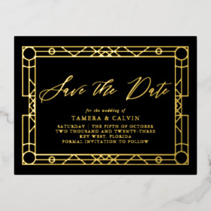 Save the Date Schwarz-Gold-Dekorrahmen Folie Einladungspostkarte