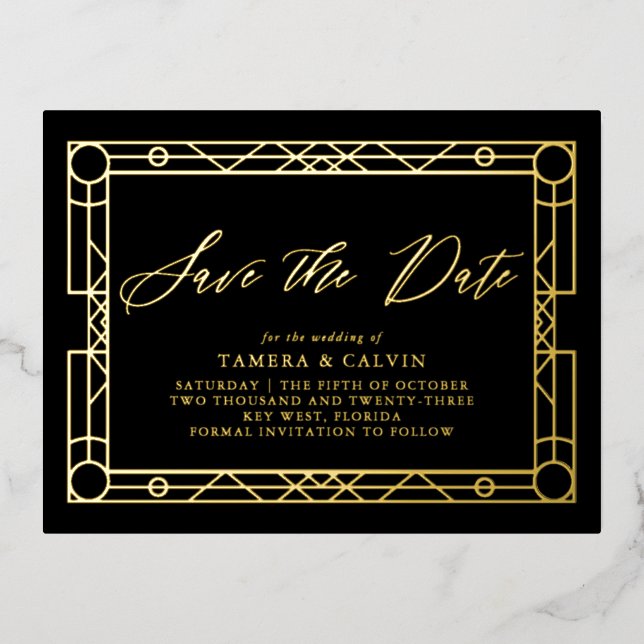 Save the Date Schwarz-Gold-Dekorrahmen Folie Einladungspostkarte (Vorderseite)