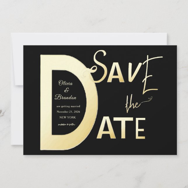 Save the Date Schwarz-Gold-Schablone-Karte (Vorderseite)