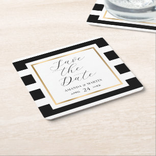 Save the Date Schwarz-Gold-Streifen-Hochzeit Rechteckiger Pappuntersetzer